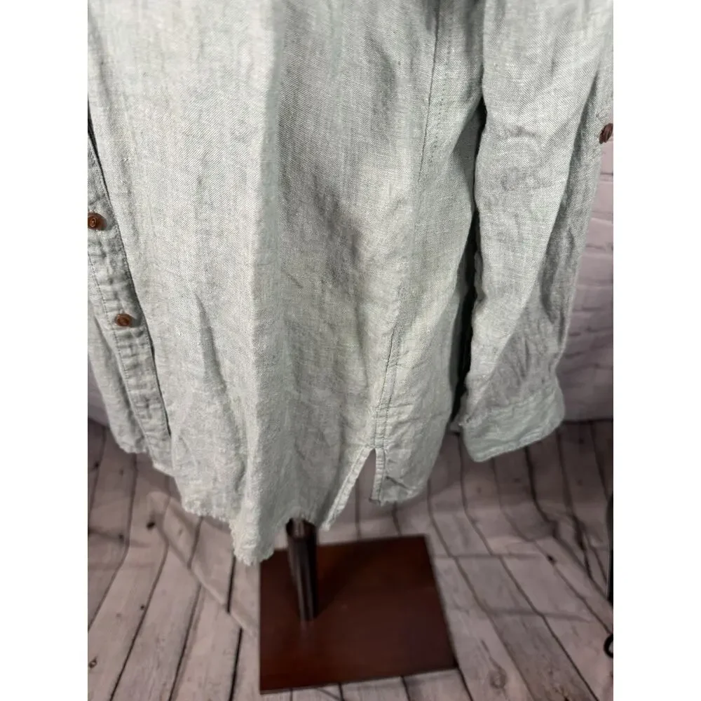 Land’s End Size Large Green Linen Long Sleeve Button Down Shirt Roll Tab - Picture 5 of 7